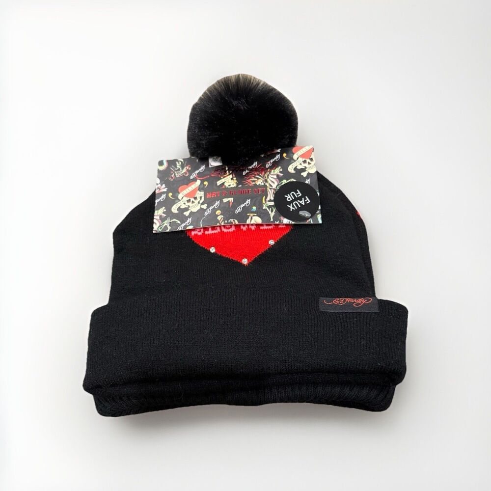Ed Hardy 2pc NEW Beanie Pom Pom Hat Set Love Kills  Slowly Patch Black OS